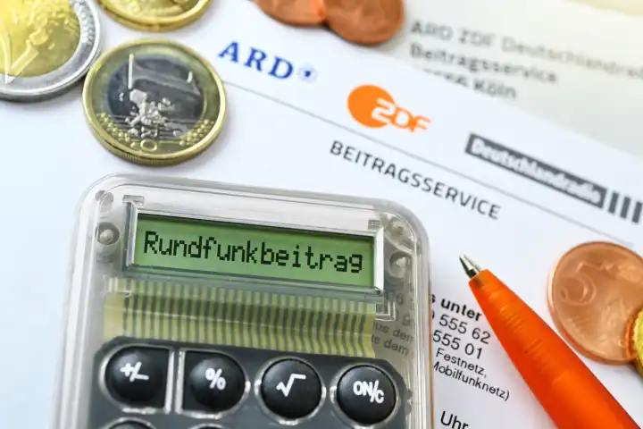 Letter from the ARD ZDF Deutschlandradio Beitragsservice with calculator and inscription "Rundfunkbeitrag", symbolic photo of the increase in the broadcasting fee, photomontage