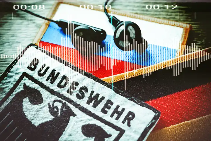 Bundeswehr patch and headphones on Russia flag, symbolic photo Taurus wiretapping affair, photomontage