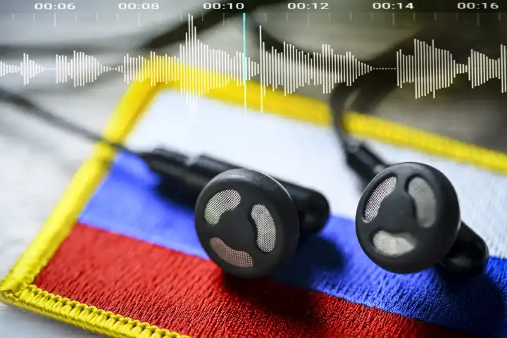 Kopfhörer auf Russland-Fahne mit Tonspur, Symbolfoto Taurus-Abhöraffäre, Fotomontage