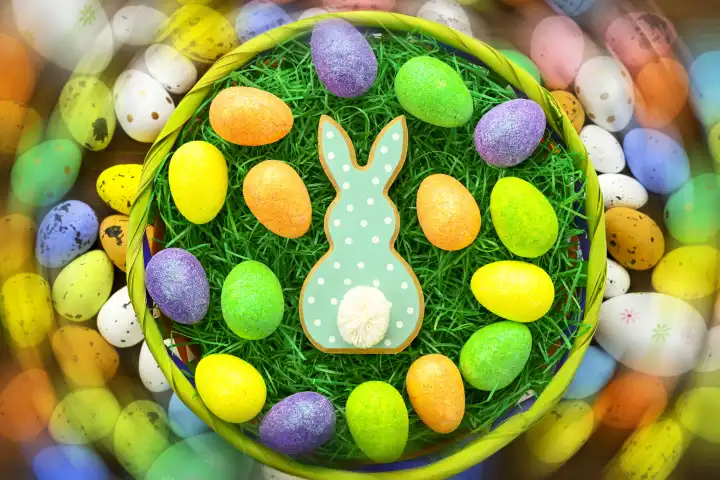 Easter bunny figurine and colorful Easter eggs in an Easter nest