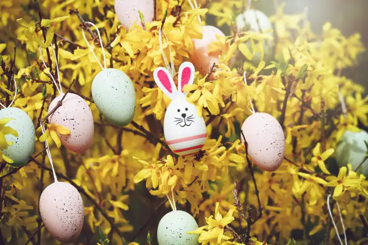 Easter bunny pendant on a forsythia bush with Easter eggs