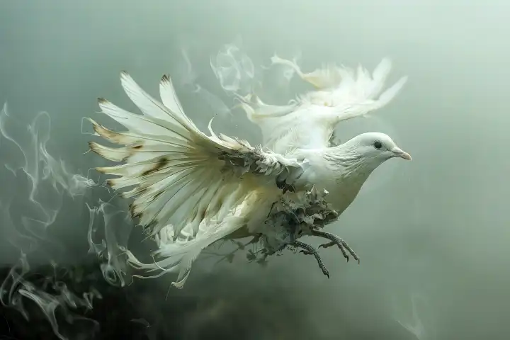 AI-generated photo, white peace dove with singed wings, symbolic photo of conflicts and war