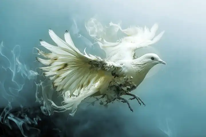 KI-generiertes Foto, Weiße Friedenstaube mit versengten Flügeln, Symbolfoto Konflikte und Krieg