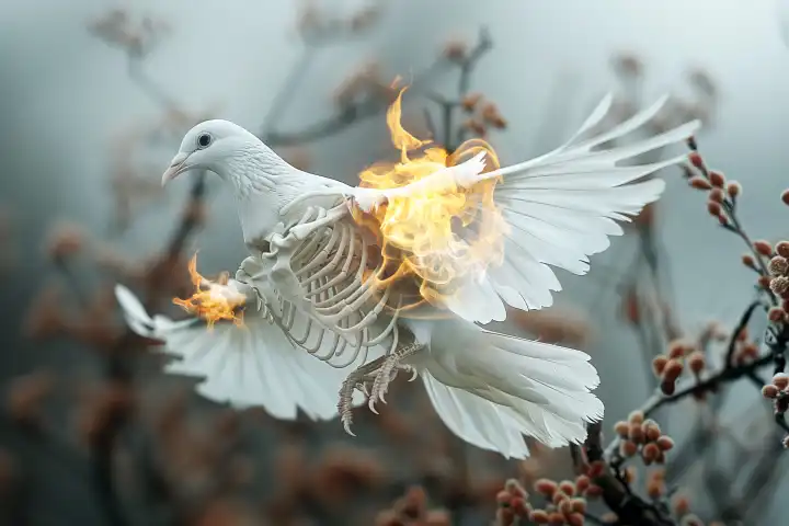 AI-generated photo, photomontage, white skeletonized and burning peace dove in flight, symbolic photo conflicts and war