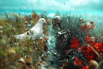 AI-generated photo, white peace dove standing opposite a human skeleton, symbolic photo of conflicts and war