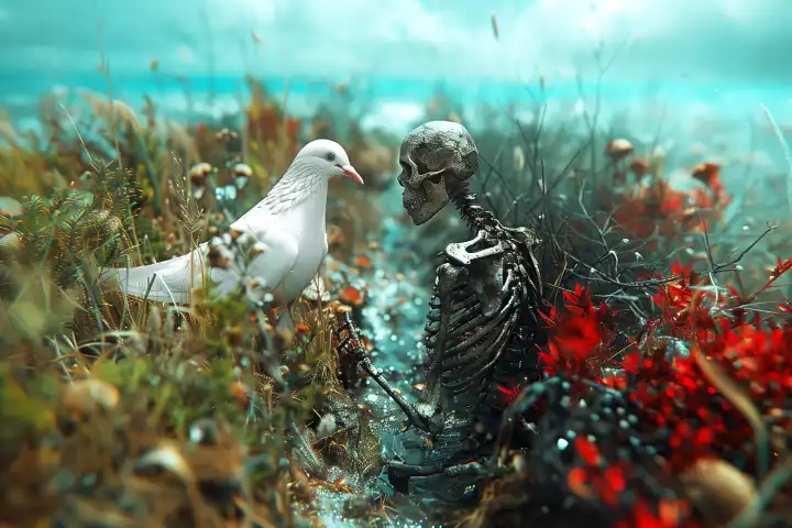 KI-generiertes Foto, Weiße Friedenstaube steht einem menschlichen Skelett gegenüber, Symbolfoto Konflikte und Krieg