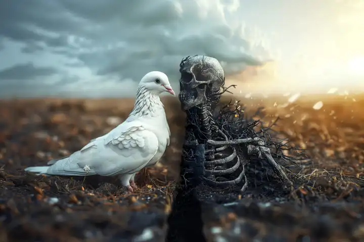 AI-generated photo, white peace dove standing opposite a human skeleton, symbolic photo of conflicts and war