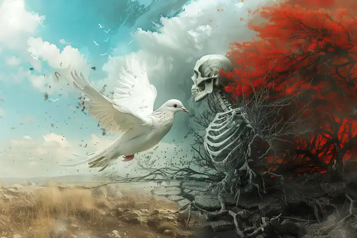 AI-generated photo, white peace dove in front of a human skeleton, symbolic photo of conflicts and war