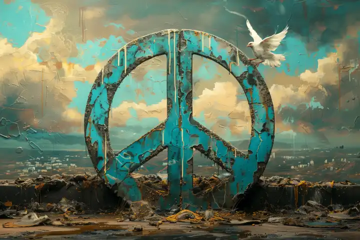 KI-generiertes Foto, Weiße Friedenstaube sitzt auf einem heruntergekommenen Peace-Zeichen, Symbolfoto Konflikte und Krieg