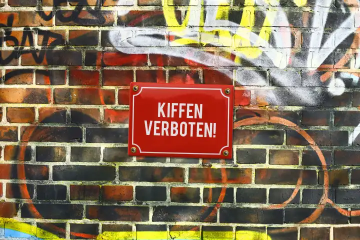 Schild mit Aufschrift Kiffen verboten! an einer Mauer, Fotomontage