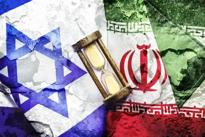 Hourglass on the flags of Israel and Iran, Middle East conflict, photomontage