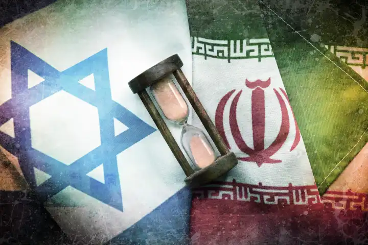 Hourglass on the flags of Israel and Iran, Middle East conflict