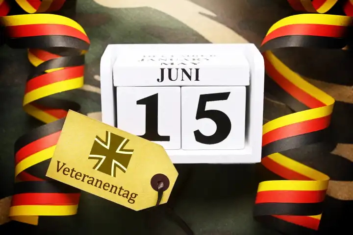 Kalenderdatum 15. Juni mit Deutschland-Girlande, jährlicher nationaler Veteranentag, Fotomontage