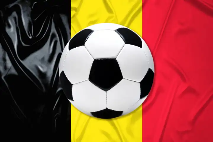 Black and white leather soccer ball with flag of Belgium, photomontage