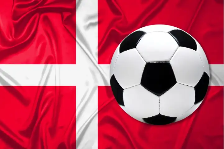 Schwarz-Weißer Lederfußball mit Fahne von Dänemark, Fotomontage