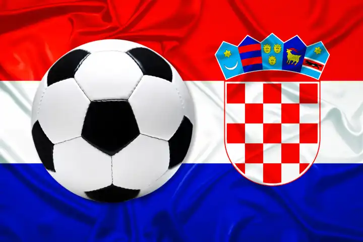 Schwarz-Weißer Lederfußball mit Fahne von Kroatien, Fotomontage