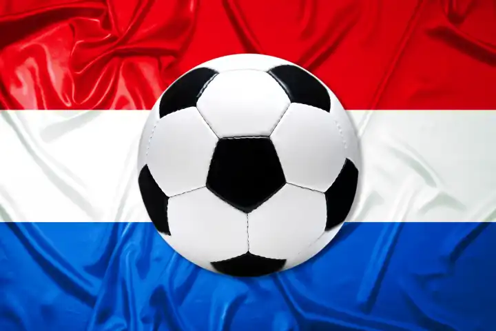Black and white leather soccer ball with flag from the Netherlands, photomontage