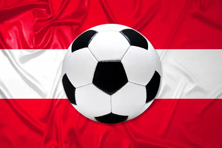 Schwarz-Weißer Lederfußball mit Fahne von Österreich, Fotomontage