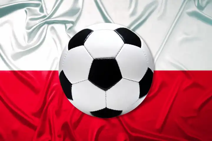 Schwarz-Weißer Lederfußball mit Fahne von Polen, Fotomontage