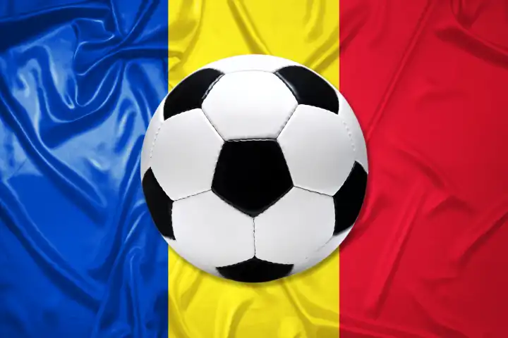 Schwarz-Weißer Lederfußball mit Fahne von Rumänien, Fotomontage