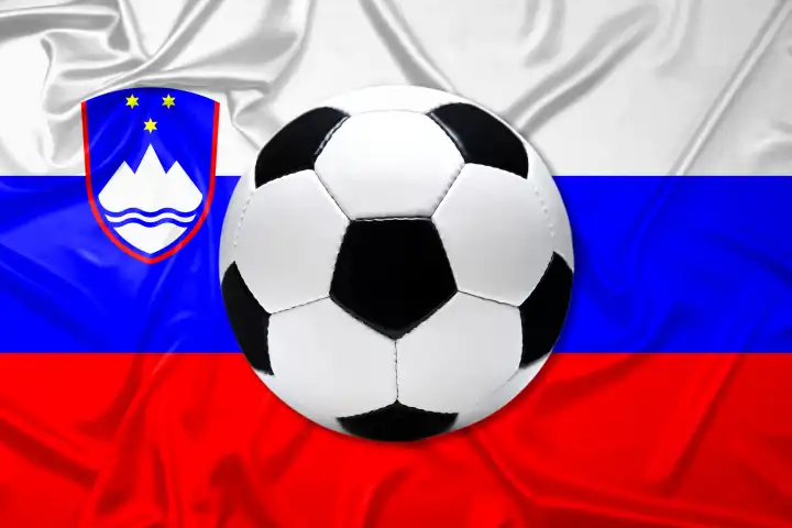 Black and white leather soccer ball with flag of Slovenia, photomontage