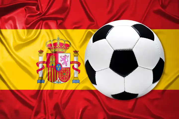 Schwarz-Weißer Lederfußball mit Fahne von Spanien, Fotomontage