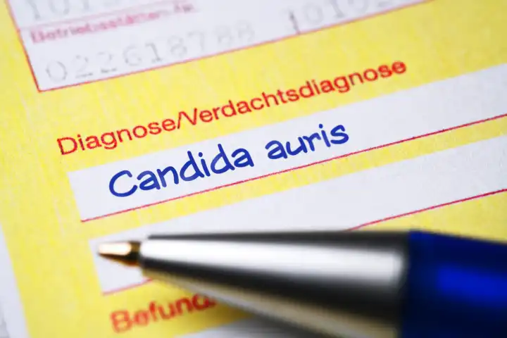 Ärztlicher Überweisungsschein mit Diagnose Candida auris, Fotomontage