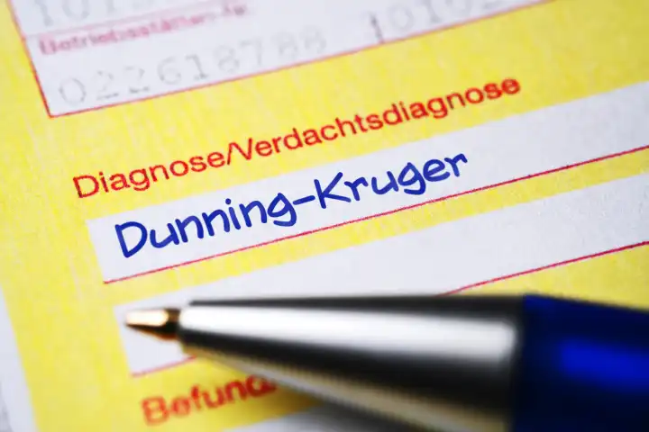 Ärztlicher Überweisungsschein mit Diagnose Dunning-Kruger, Fotomontage