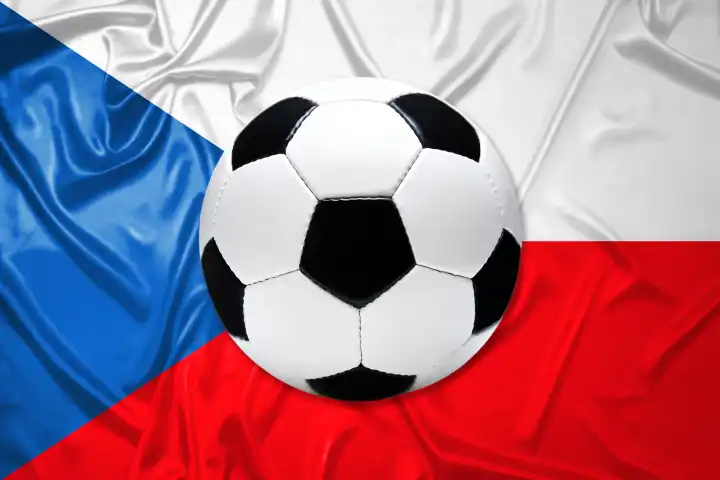 Schwarz-Weißer Lederfußball mit Fahne von Tschechien, Fotomontage
