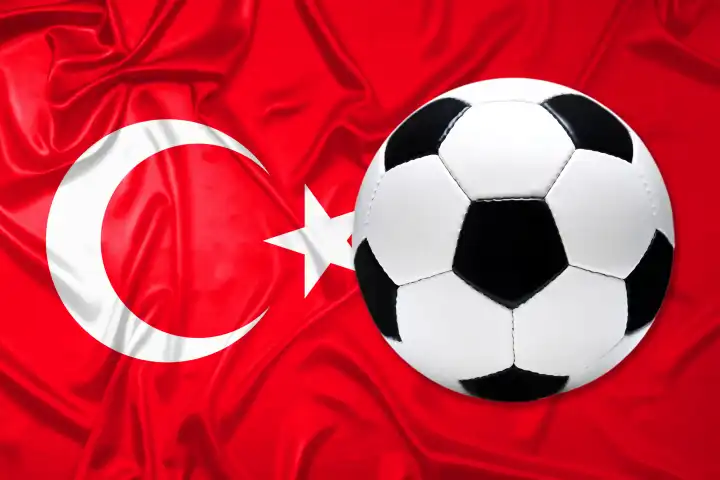 Black and white leather soccer ball with flag from Turkey, photomontage