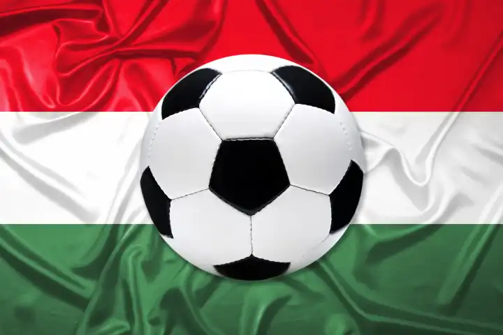 Schwarz-Weißer Lederfußball mit Fahne von Ungarn, Fotomontage