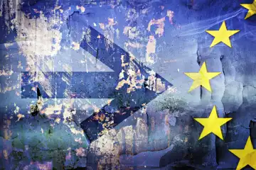 European flag with tears and breaks with arrow pointing to the right, symbolic photo for right-wing parties in Europe and loss of democracy, photomontage