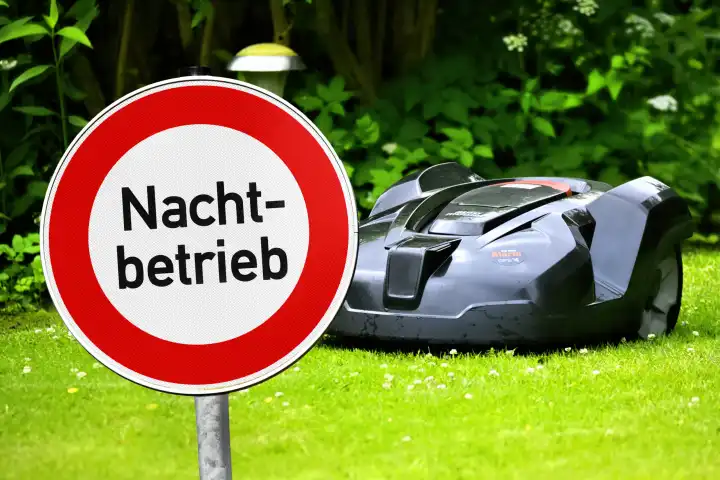 Robot mower on a lawn and prohibition sign saying night operation, photomontage