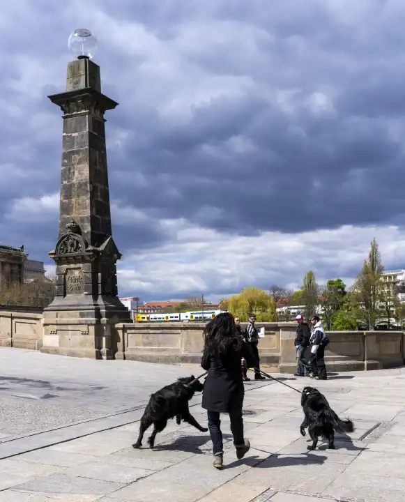Woman with two dogs, Friedrichsbrücke, Berlin, Germany