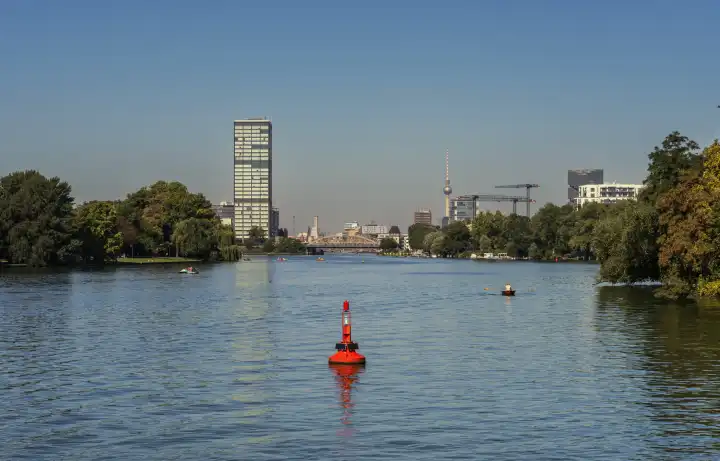 Skyline Treptow, the Treptowers at the river Spree with Elsenbrücke, Berlin, Germany