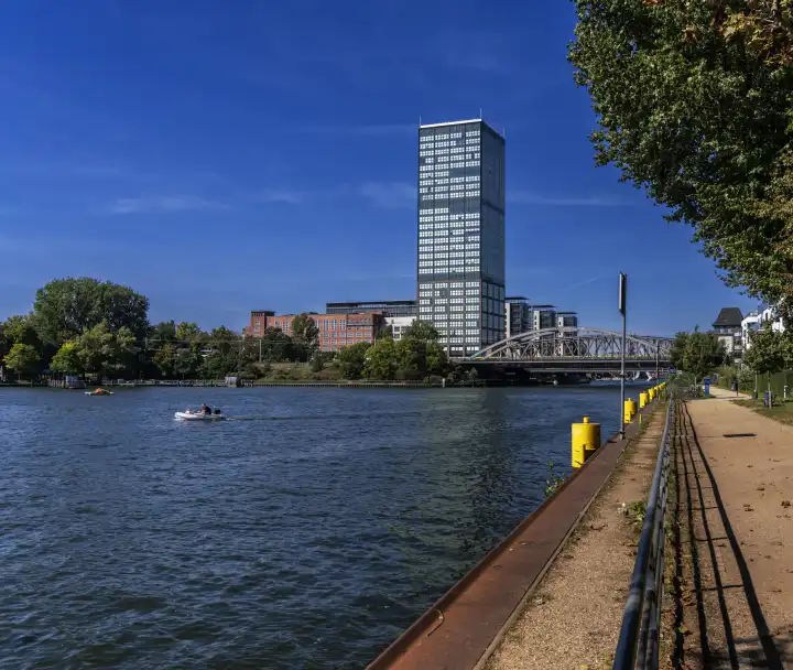 Skyline Treptow, the Treptowers at the river Spree with Elsenbrücke, Berlin, Germany
