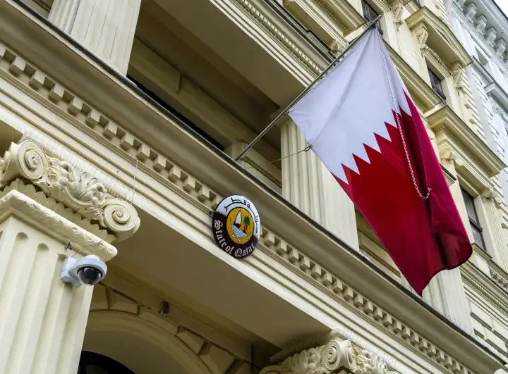 Flag at the entrance to the Embassy of Qatar, Vienna, Austria