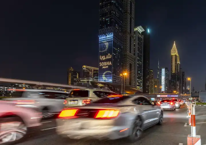 Night shot, Sheik Zayed Road, Dubai, United Arab Emirates, West Asia