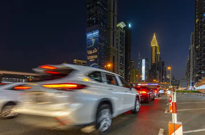 Night shot, Sheik Zayed Road, Dubai, United Arab Emirates, West Asia