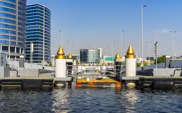 Skyline and boats at Dubai Creek, Dubai, United Arab Emirates, Middle East, Asia