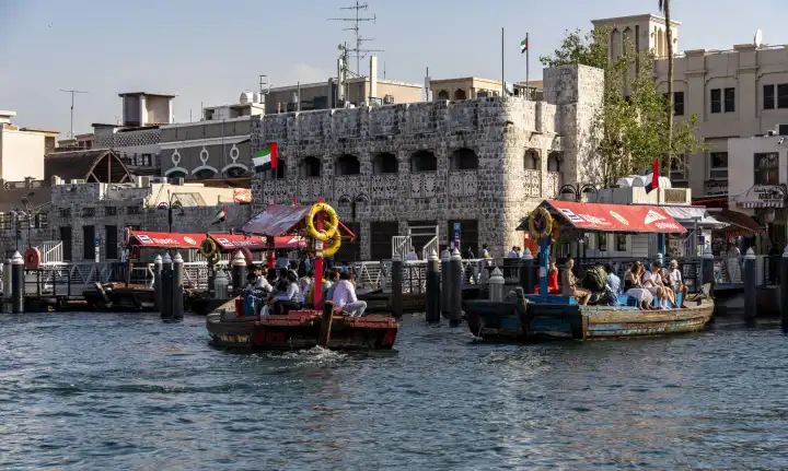 Dubai Abra boats at the old town of Dubai, United Arab Emirates, Middle East, Asia