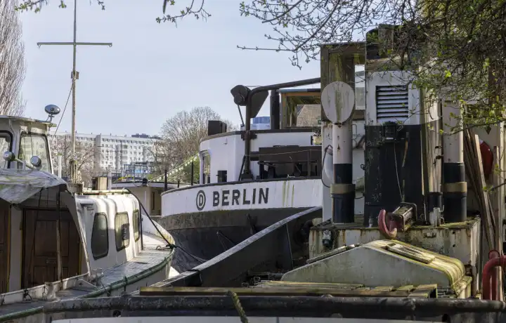 Fischerinsel, alte Lastenkähne und Schiffe am historischen Hafen, Berlin, Deutschland