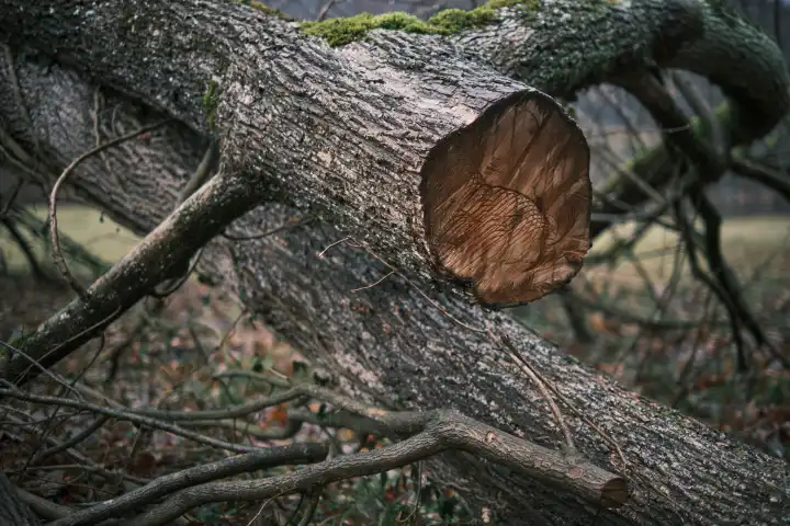 Holzquerschnitt, Anschnitt eines gefällten Baumstamms.