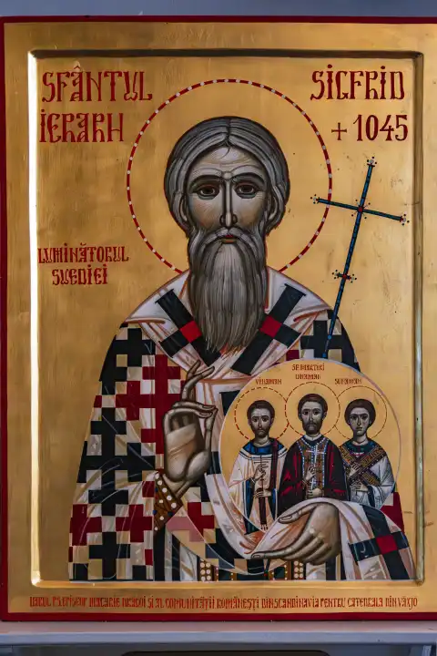 Icon of St. Siegfried of Sweden, exhibited in the Cathedral of Växjö, Smaland, Kronobergs län, Sweden.