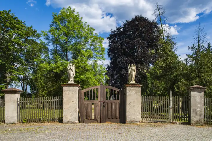 Entrance to the historic Protestant cemetery in Bad Carlsruhe (Pokoj), Namslau District (Namyslow), Opole Voivodeship, Upper Silesia, Poland.