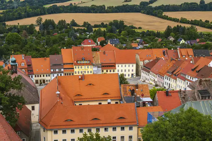 View over the town center with the market square, which has been declared a cultural monument, and the surrounding area of Stolpen, Saxony, Germany.