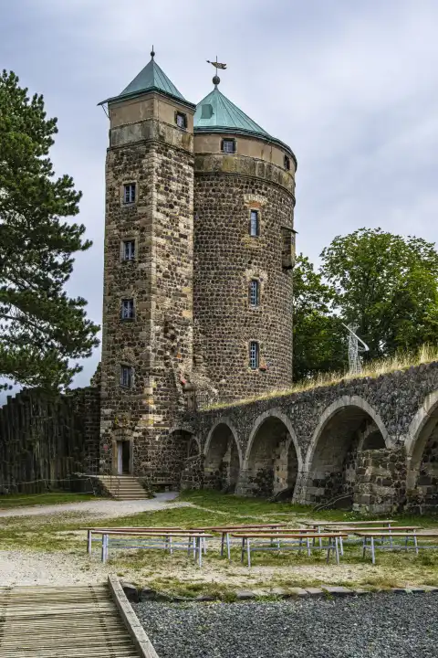 Stolpen Castle, partial ruin of a medieval hilltop castle, later castle and fortress, founded on the basalt hill of Stolpen, Saxony, Germany, for editorial use only.