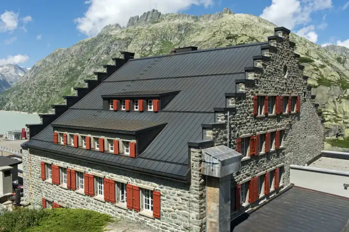 Historic Alpine Hotel Grimsel Hospiz at Grimsel Pass, Guttannen, Bernese Oberland, Switzerland