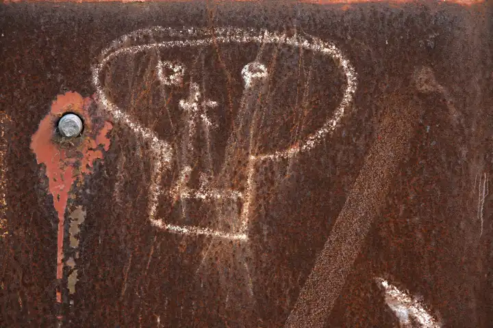 Zeichnung eines Totenkopfs auf einer verrosteten Metallplatte