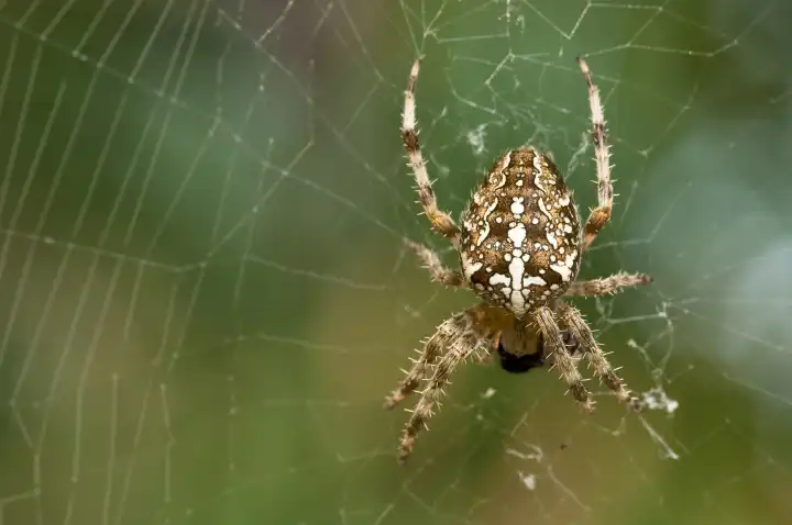 European garden spider, cross spider,Araneus diadematus in a cobweb